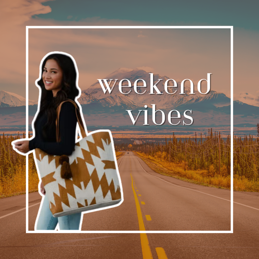 weekend vibes, women with aztec travel tote. plenty of pattern