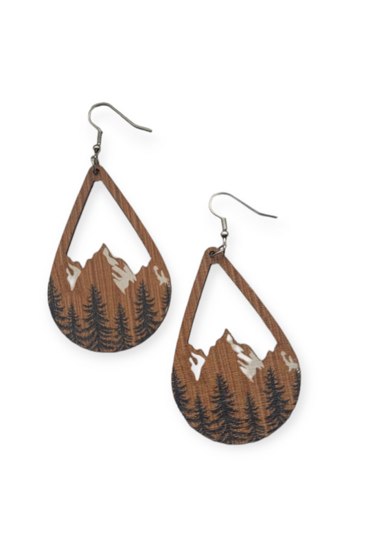 Snow Mountain and Forest Wood Teardrop Earrings