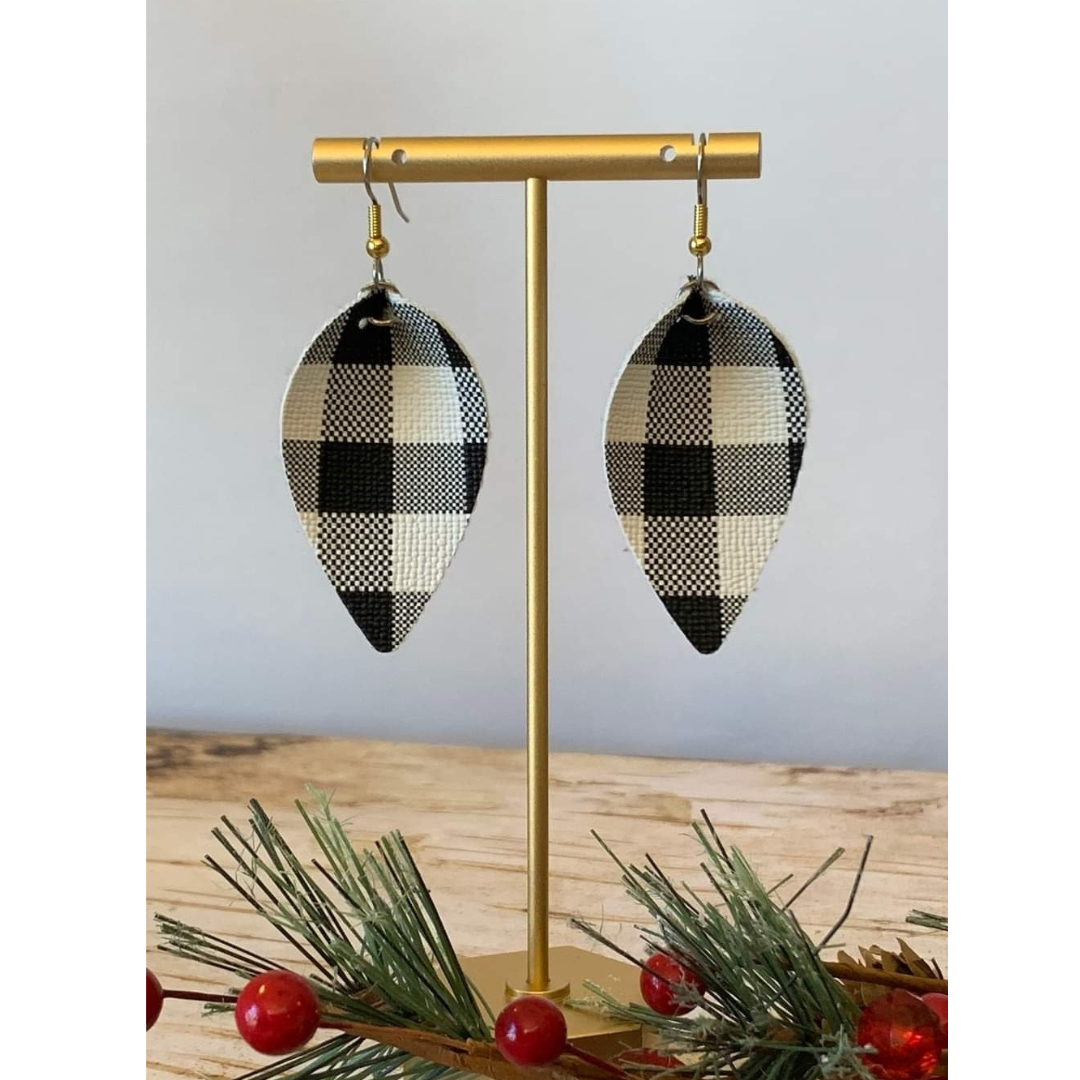 Black and White Plaid Leather Earring Metal Hook