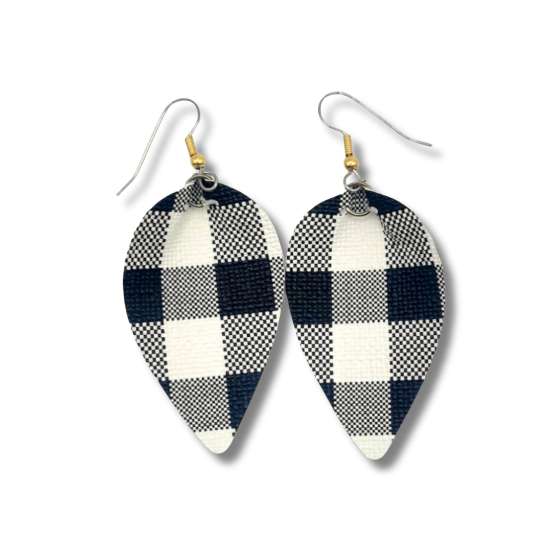 Black and White Plaid Leather Earring Metal Hook