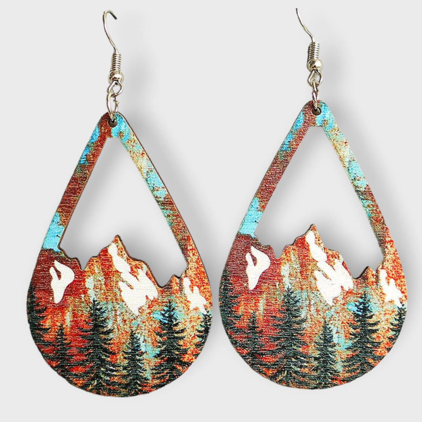 Snow Mountain and Forest Wood Teardrop Earrings