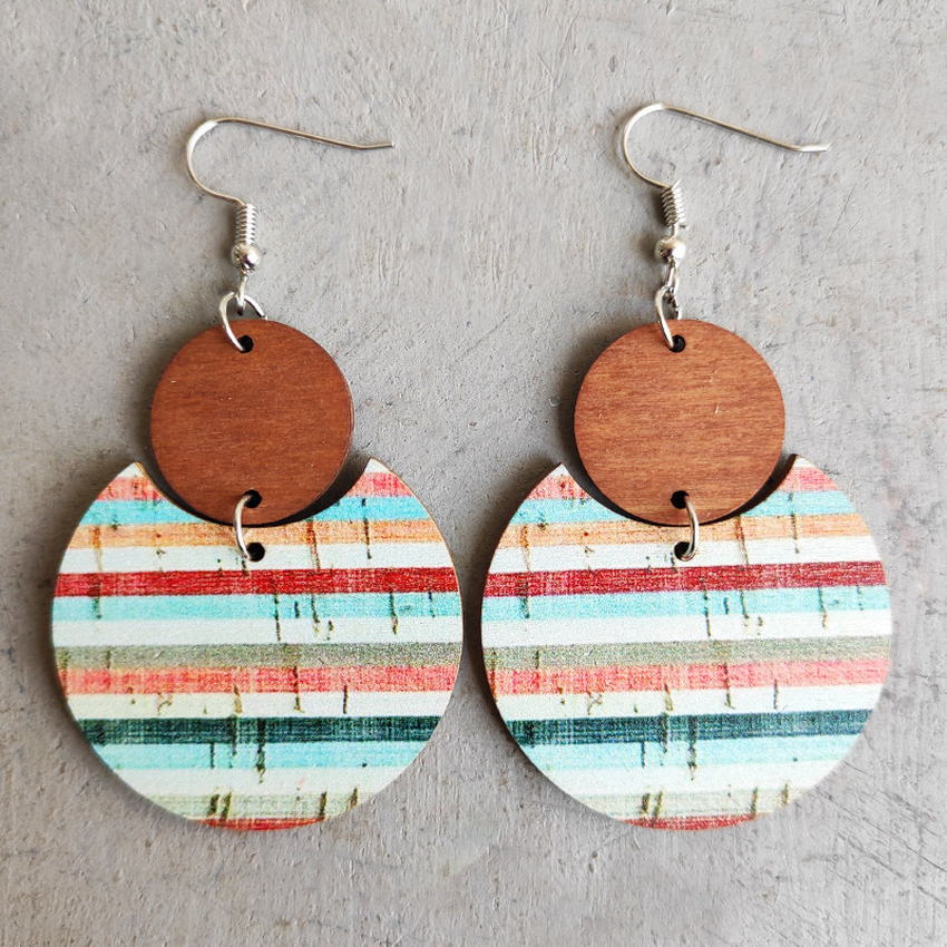 Pattern Print Circle Wood Earrings