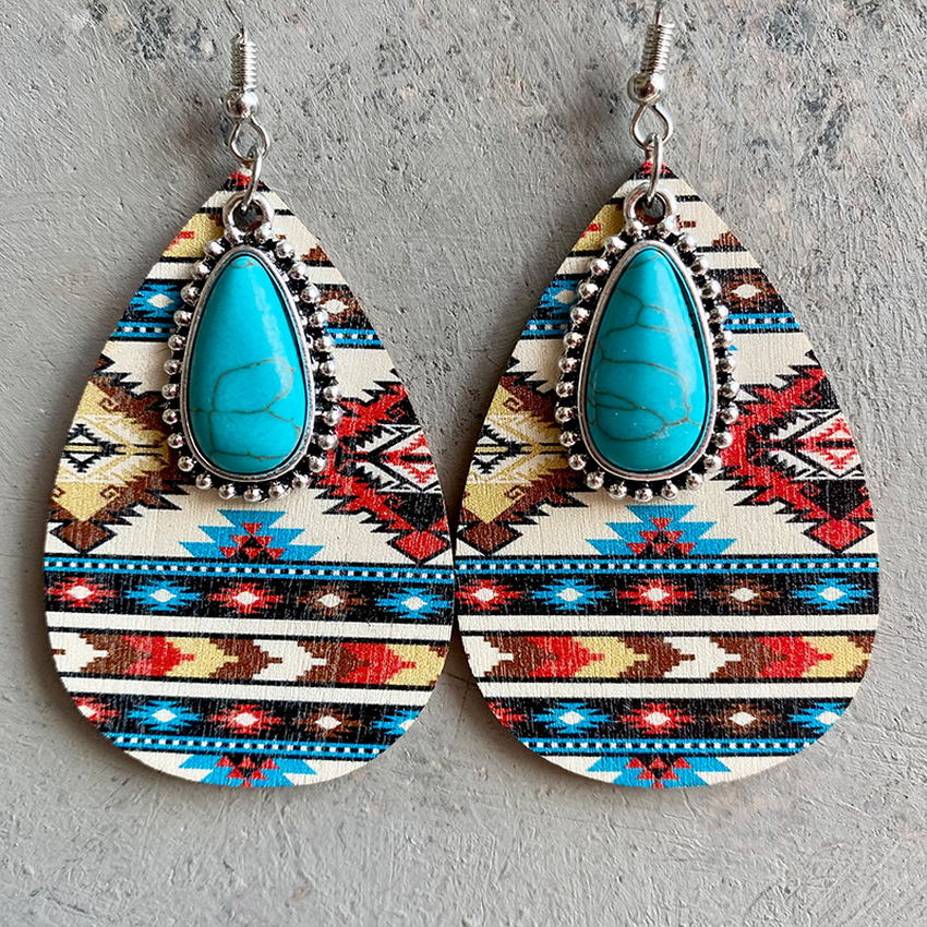 Aztec Turquoise Wood Teardrop Earrings