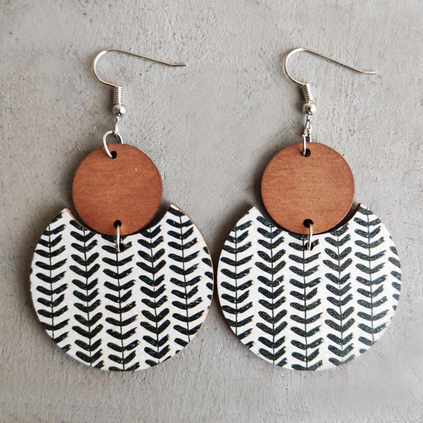 Pattern Print Circle Wood Earrings