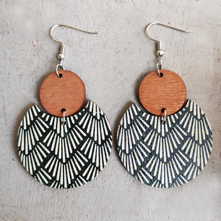 Pattern Print Circle Wood Earrings