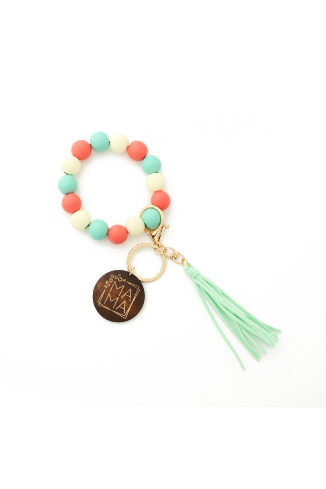 Coral and Mint Mama Wood Bead Tassel Bracelet Keychain