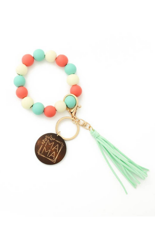 Coral and Mint Mama Wood Bead Tassel Bracelet Keychain