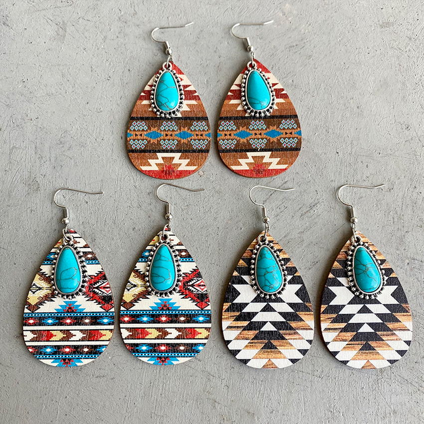 Aztec Turquoise Wood Teardrop Earrings