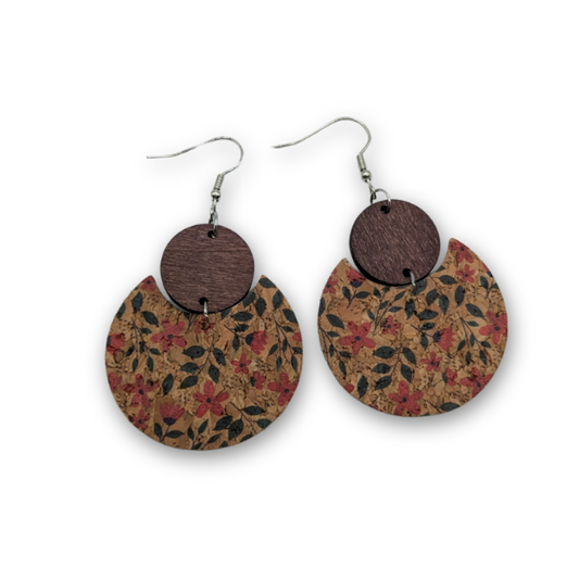 Cork Circle Moon and Wood Disc Earrings