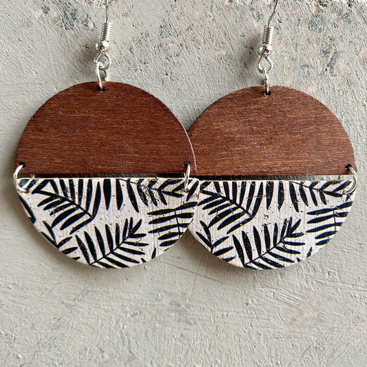 Wood and Cork Split Circle Geometric Earrings