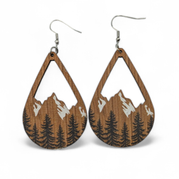 Snow Mountain and Forest Wood Teardrop Earrings