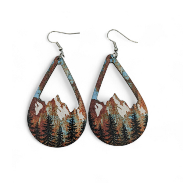 Snow Mountain and Forest Wood Teardrop Earrings