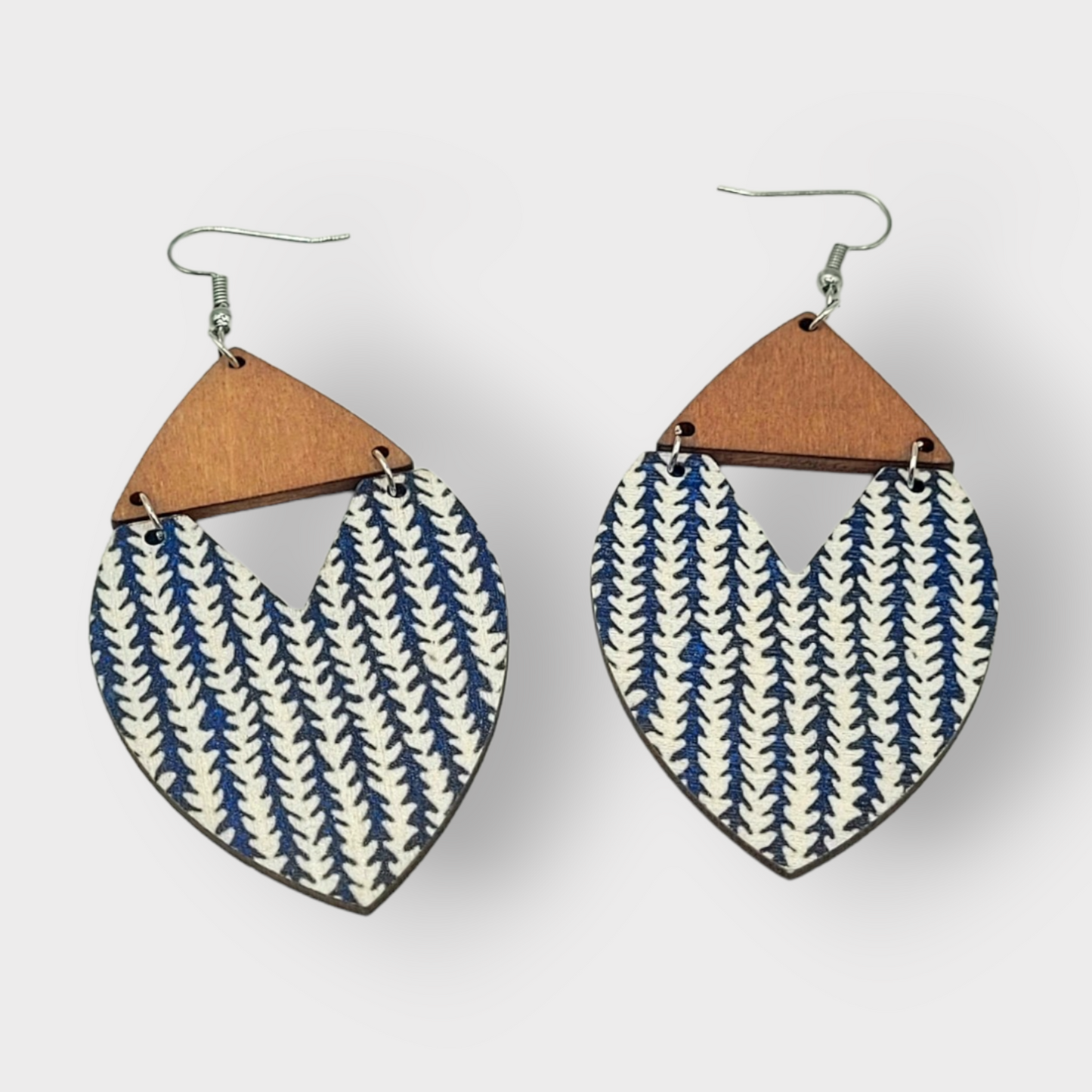 Boho Wood Earrings -  Blue and White Vine