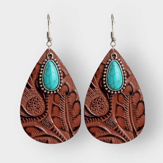 Retro Embossed Flower Genuine Stamped Leather Teardrop Earrings