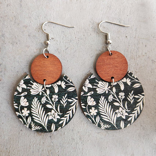 Pattern Print Circle Wood Earrings