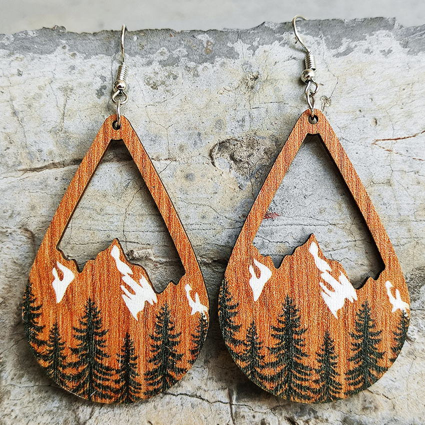 Snow Mountain and Forest Wood Teardrop Earrings