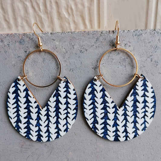 Geometric Pattern Print Circle Wood Earrings