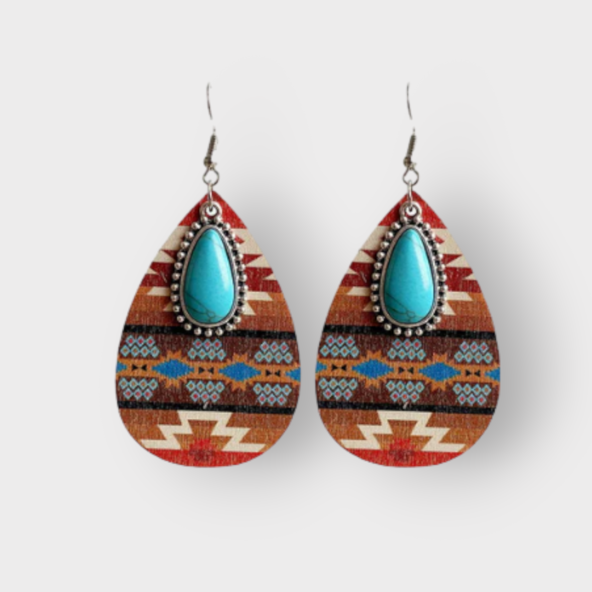 Aztec Turquoise Wood Teardrop Earrings