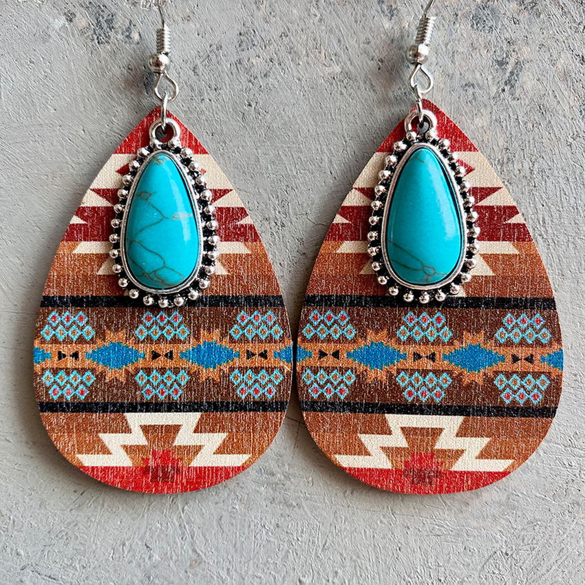 Aztec Turquoise Wood Teardrop Earrings