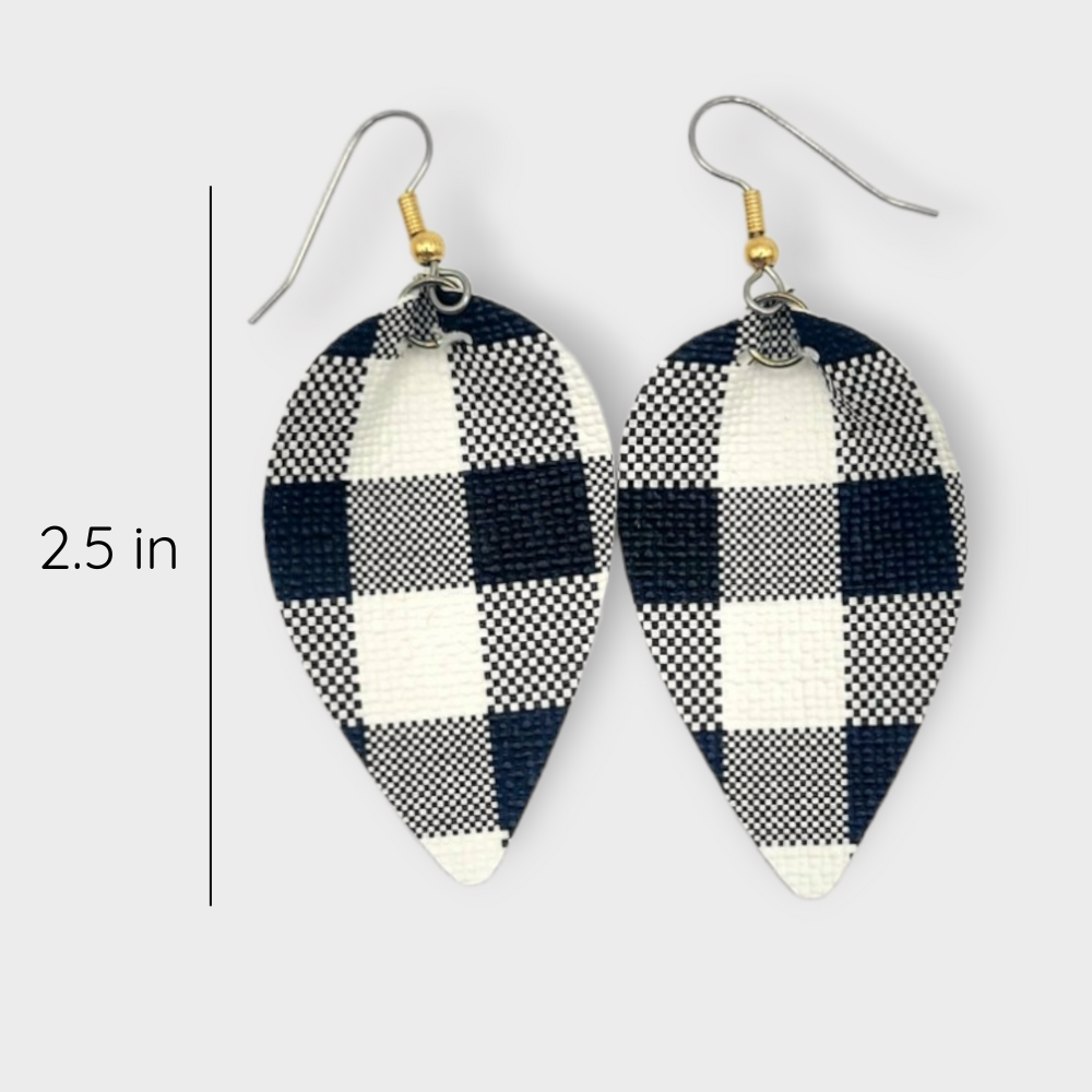 Black and White Plaid Leather Earring Metal Hook