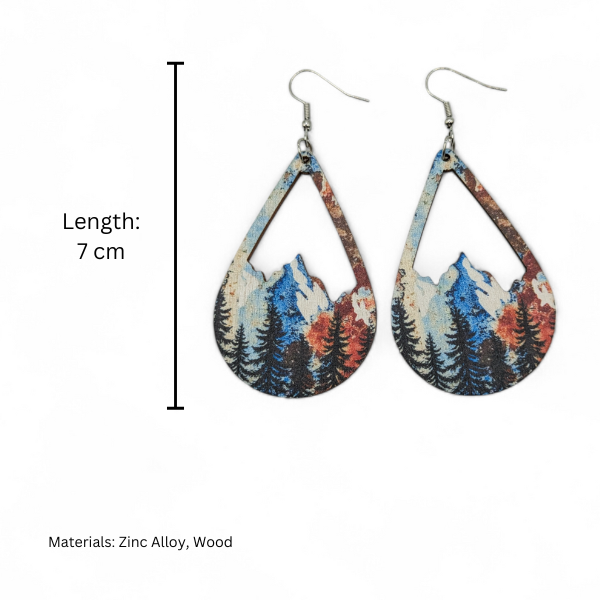 Snow Mountain and Forest Wood Teardrop Earrings