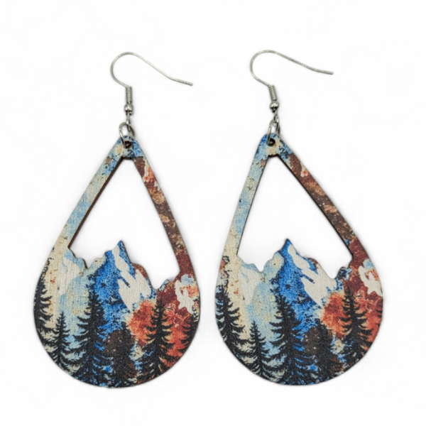 Snow Mountain and Forest Wood Teardrop Earrings