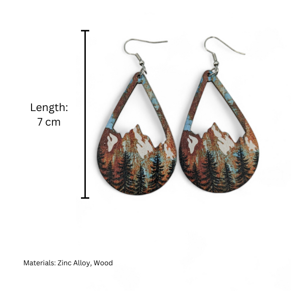 Snow Mountain and Forest Wood Teardrop Earrings