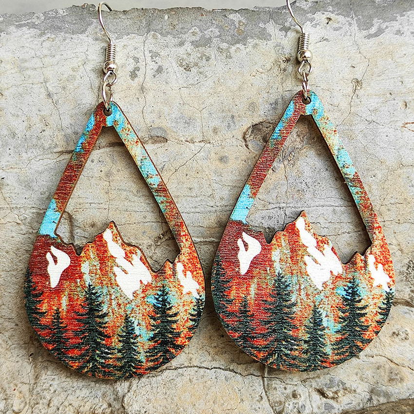 Snow Mountain and Forest Wood Teardrop Earrings