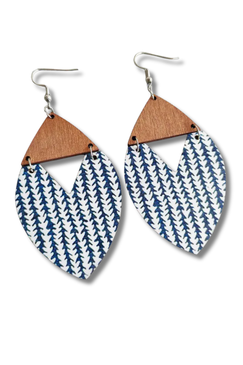 Boho Wood Earrings -  Blue and White Vine