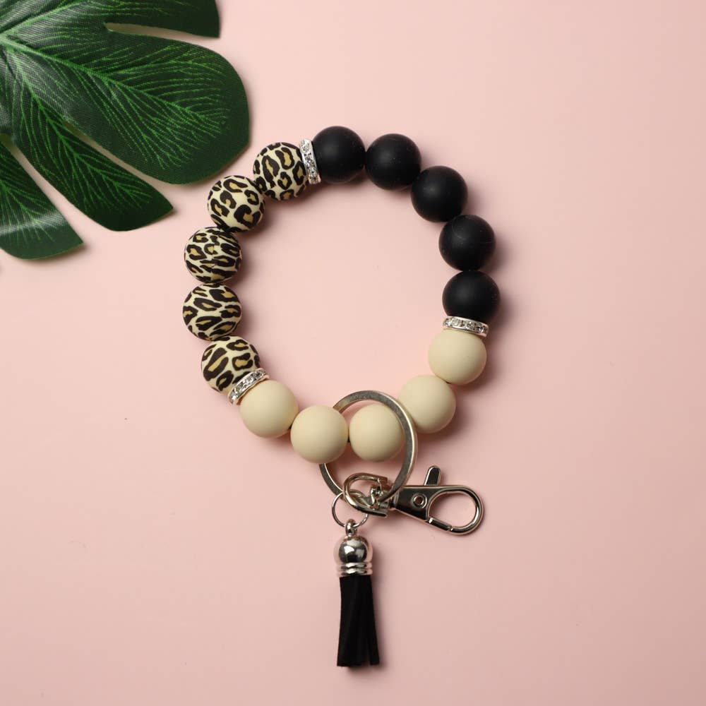 Leopard Silicone Bead Tassel Bracelet Keychain