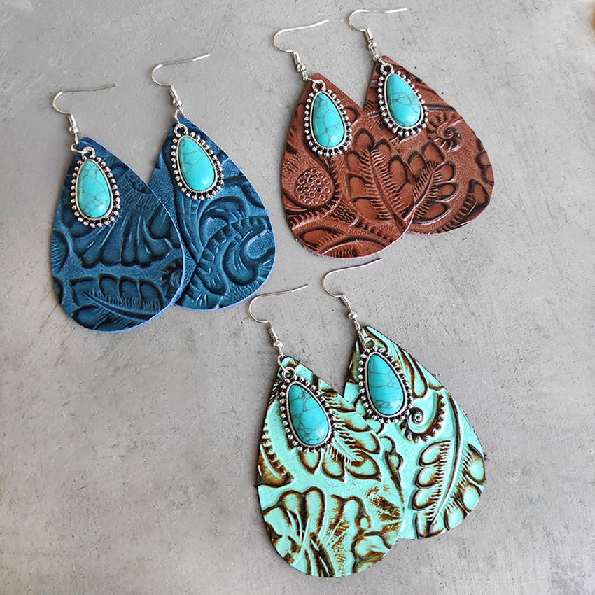 Retro Embossed Flower Genuine Stamped Leather Teardrop Earrings