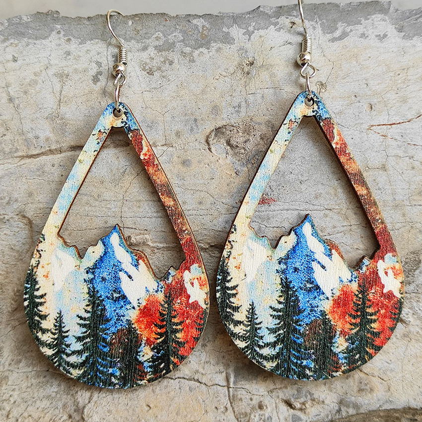 Snow Mountain and Forest Wood Teardrop Earrings